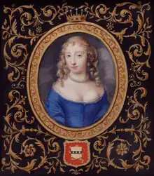 half-length miniature portrait in an oval format set in a rectangle filled with decorations of a young woman with fair hair and some curls wearing a blue low-cut dress