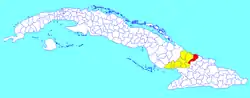 Jesús Menéndez municipality (red) within  Las Tunas Province (yellow) and Cuba