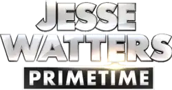 Gray text "Jesse Watters" in uppercase with closed apertures and bolded atop a black box with white text containing "Primetime" in uppercase, illuminating sun above the I of "primetime"