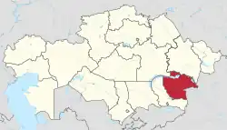 Map of   Kazakhstan, location of Jetisu Region highlighted