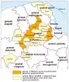 Map showing regions in Poland where Kashubian is recognized as a regional language (orange) and where it could qualify in the upcoming years (yellow)