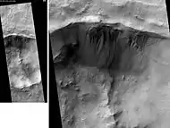 Jezza Crater, as seen by HiRISE. North wall (at top) has gullies.  Dark lines are dust devil tracks. Scale bar is 500 meters long.