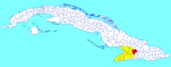 Jiguaní municipality (red) within  Granma Province (yellow) and Cuba