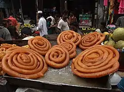 Shahi jilapi, meaning King's jilapi, in Dhaka, Bangladesh. It is the largest form of the dessert.