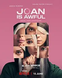 A misaligned grid of women's facial features at the centre of a poster titled 'Joan Is Awful'