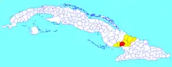 Jobabo municipality (red) within  Las Tunas Province (yellow) and Cuba