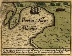 Detail of Jodocus Hondius map of 1589 showing cove in New Albion visited by Francis Drake.