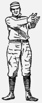 A black and white illustration of a baseball player with both hands held out waiting to catch a ball