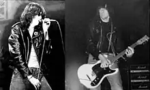 Black and white photos of a man singing into a microphone and a man playing electric guitar