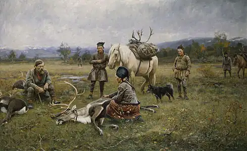 Sami with reindeer that have been shot, 1892