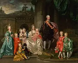 A family seated/stood towards the viewer. The women are wearing stays and hoop skirts with close-bodied, low-necked gowns. They wear their hair in high rolls, powdered white. The men are wearing coats, waistcoats and white breeches. On the laft stands a 9-year-old girl in blue, holding the hand of a 6-year-old by in bright red. Before them sits a 4-year-old boy in yellow, with a light blue belt, playing with a black dog.  Behind them, in a golden-and-green chair sits a 2-year-old boy in a long, light pink dress. He and a 5-year-old girl in blue are playing with a white dove. Then, a middle-aged woman sits in a white dress, holding an infant in red, Joseph. Next to them is a man wearing black, standing, and two blonde boys, one in red silk, the other in light green, holding hands.