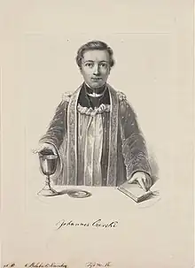 Portrait of Johannes Czerski with one hand on a goblet and the other on the bible