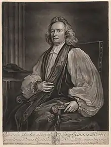 Mezzotint portrait of a seated man in flowing vestments and long wavy hair. He is about 50 years old and with a receding hairline and a calm expression on his roundish face. His left hand holds the armrest of his chair, and his right holds a fold of one of his robes on his chest.