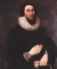 The bearded Winthrop wears a black magistrate's robe with lace collar and shirt cuffs visible.