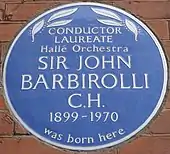 blue commemorative plaque on Barbirolli's birthplace