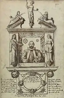 Drawing of the funerary monument to John Blagrave in St. Lawrence's Church. Commissioned by Blagrave, the monument shows him surrounded by five female statuettes holding the five platonic solids. Blagrave holds a globe in his right hand and a quadrant in his left. He is flanked by nondescript depictions of books and below him is an enscription identifying him and his date of death. Blagrave is depicted with black hair and a beard, he is wearing a ruff around his neck and a dark robe with red bands.