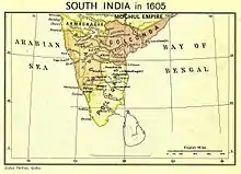 A political map of peninsular India c. 1605. The Mughal Empire lies above the peninsula; the peninsula consists of Ahmadnagar in the northwest, Bijapur in the west, Golconda in the east and northeast and the poligar kingdoms in the south and southeast.