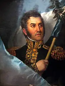 Painting of San Martín holding the Argentine flag