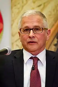 Joseph Arvay photographed from the chest up, speaking, on 18 March 2014 in the Maxwell Cohen Moot Court, Chancellor Day Hall, Faculty of Law, McGill University, Montreal, Quebec, Canada.