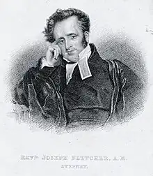 Seated engraved bust-length portrait leaning on his right elbow of Joseph Fletcher, in dark clerical dress with white tabs