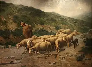 Shepherd and his flock under the storm