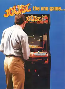 A blue, vertical rectangular poster. The poster depicts a man in a dress shirt and slacks in front of a black arcade cabinet with the title "Joust" displayed on the top portion. Above the cabinet, the poster reads "Joust the one game ..." in orange letters.