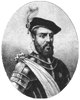 A bearded man wearing a feathered cap, armor, and sash.