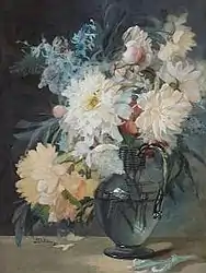 A Still Life With Peonies And Other Flowers In A Glass Vase, nd