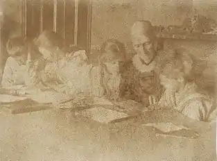 Julia Stephen at Talland House supervising Thoby, Vanessa, Virginia and Adrian doing their lessons, summer 1894