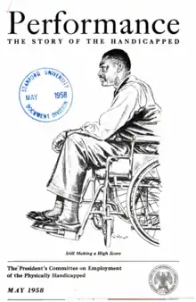 Cover of the journal Performance: The Story of the Handicapped for May 1958, depicting a Black man in profile, seated in a wheelchair, with the caption "Still Making a High Score"; the library stamp of Stanford University is also on the cover, in blue