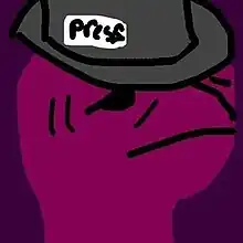 A drawing of a purple worm-looking thing wearing a reporter's hat with the word "Press" on it.