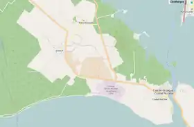 OSM map showing Juraguá and its surrounding area. The nearby nuclear plant, the Jagua Fortress, the village of Nueva Juraguá and a bit of the city of Cienfuegos, are shown in the map
