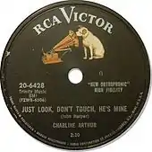 Label of an RCA Victor 78 rpm record from the mid to late 1950s. This basic design was also used for most LPs and 45s from 1954 to 1964