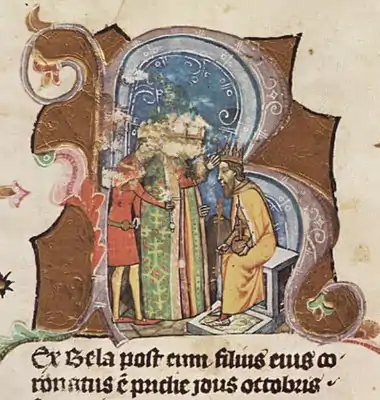 Chronicon Pictum, Hungarian, Hungary, King Béla IV, king, crown, coronation, orb, scepter, throne, royal, bishop, Prince Coloman, sword, medieval, chronicle, book, illumination, illustration, history