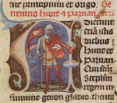 Chronicon Pictum, Hungary, Hungarian nobility, Hont, knight, flag with dog, shield with dog, ancestor, forefather, Hont Pázmány clan, family, medieval, chronicle, book, illumination, illustration, history