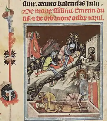 Chronicon Pictum, Hungarian, Hungary, King Saint Stephen, Prince Saint Emeric, Queen Gisela, funeral, Vazul, blinding, king, queen, crown, coffin, medieval, chronicle, book, illumination, illustration, history