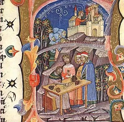 Chronicon Pictum, Hungarian, Hungary, King Solomon, Prince Géza, Prince Ladislaus, Vid, Belgrade, booty, spoils of war, soldiers, capture, girl with tourch, flaming city, medieval, chronicle, book, illumination, illustration, history