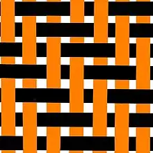 Simple diagram of black weft threads being woven under two orange warp threads then over two of the warp threads