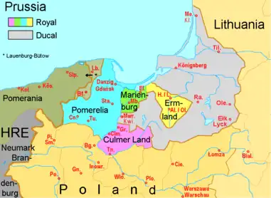 Pomerelia and Prussia after 1466: light grey – Teutonic/Monastic (later Ducal) Prussialight green and yellow – voivodeships of Royal Prussia encompassing the genuinely Prussian territoryblue and magenta – voivodeships of Royal Prussia encompassing the Pomerelian territory outside of the region of Prussia