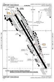 A map with a grid overlay showing the terminals runways and other structures of the airport.