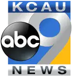 A silvery 9 in a box split between silvery, blue, and yellow pieces, with the ABC logo on top. In a blue box above, the lettering KCAU, and in a silver box below, the lettering NEWS.