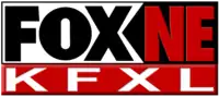 In a white box with black borders, the Fox network logo in black. To the right, in red on a black area, are the letters N E. Beneath on red are the white letters K F X L.