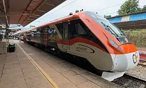 This Mini Vande Bharat Express train at Kasaragod railway station and getting ready for departure towards Trivandrum Ctrl