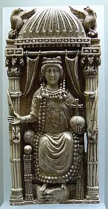 Diptych Leaf with a Byzantine Empress; 6th century; ivory with traces of gilding and leaf; height: 26.5 cm (10.4 in); Kunsthistorisches Museum (Vienna, Austria)