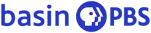 From left: the word "basin" in a thinner blue sans serif, the PBS network logo in blue, and the letters PBS in a bolder sans serif in blue