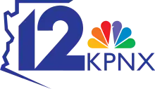 At left, a sans serif 12 partially encased in an outline of the state of Arizona. At right, the NBC peacock and the letters KPNX in a sans serif.