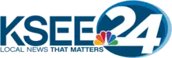 At left, the letters K S E E in a sans serif with stylized cuts. At right, a two-tone blue oval containing a white numeral 24, overlaid by the NBC peacock at the lower left. Beneath the K S E E letters are the words "Local News that Matters".