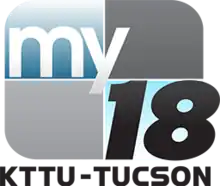 A rounded rectangle divided into blue and gray parts with the word "my" in white and a black italicized "18" in the lower right. Underneath is the text "KTTU - TUCSON".