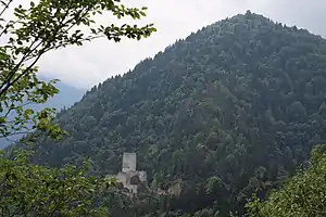 Photograph of stone fortress in wooded mountains.
