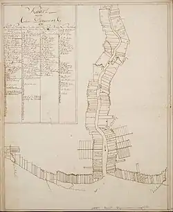 Kaart van de Colonie Demerary 1786, showing the division of the land adjacent to the Atlantic Ocean and the Demerara River into plantations.